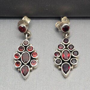 VTG Sterling Silver 925 Garnet Drop Earrings 1.25" Cluster Design 7.52g